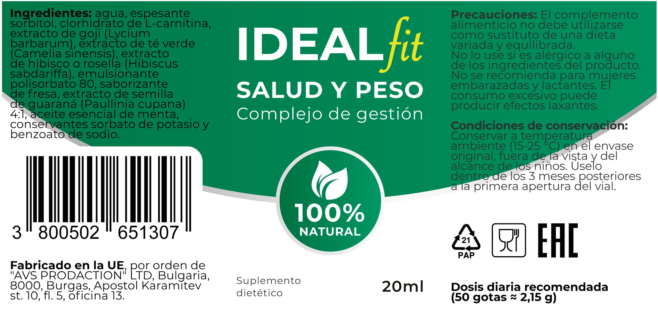 IdealFit Gotas – Apoyo al Metabolismo y Control de Peso con L-Carnitina y Te Verde 20ml