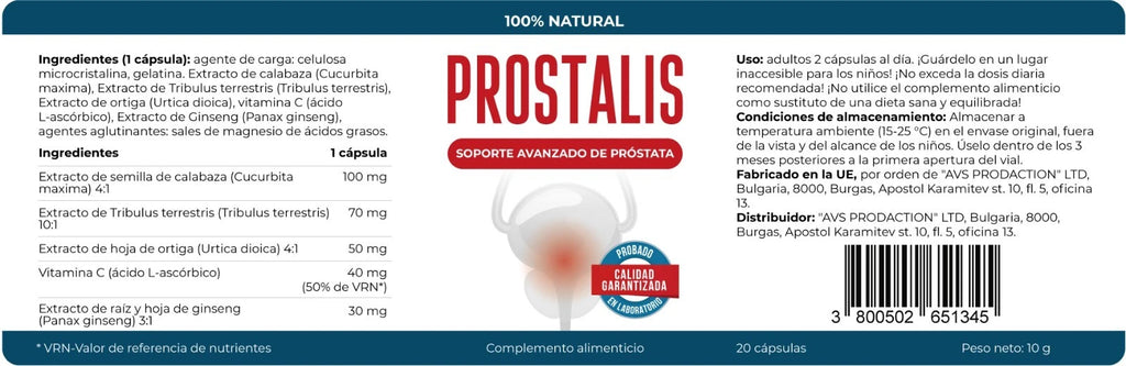 Prostalis – Complemento Prostático con Calabaza, Ortiga, Tribulus y Ginseng 20 Capsulas
